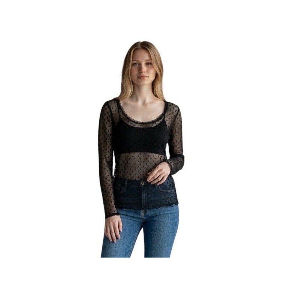 Free People Top Polka Dot Mesh Lace Ruffle Long Sleeve Sheer Grunge Black Medium